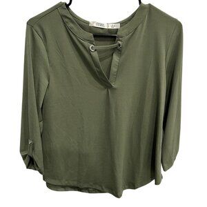 Cure Olive Green Womens Blouse Grommet Detail Roll-Tab Sleeves Size S